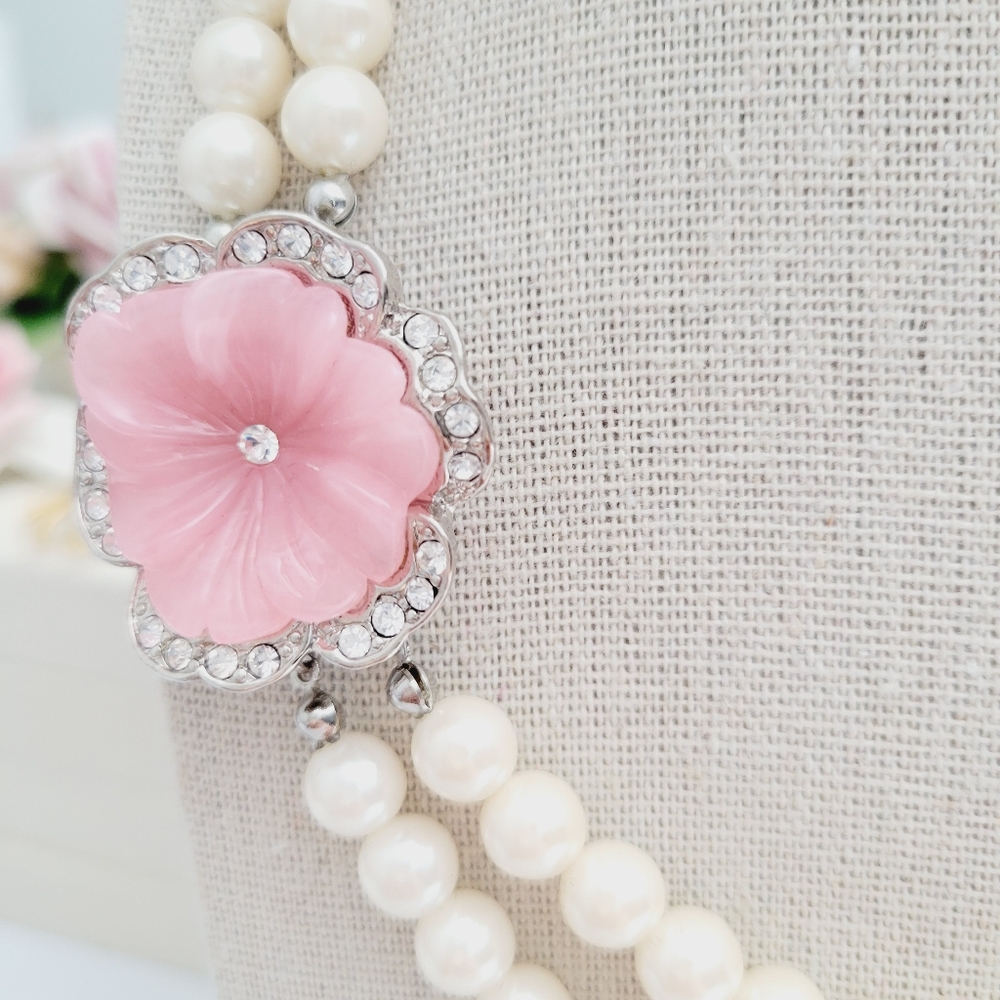 VINTAGE KLJ pink pansy double strand faux pearl necklace and earrings set - Picture 10 of 14